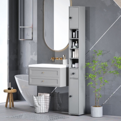 kleankin 71" Tall Bathroom Cabinet, Narrow Toilet Paper Cabinet with Open Shelves, 2 Door Cabinets, Adjustable Shelves, Grey
