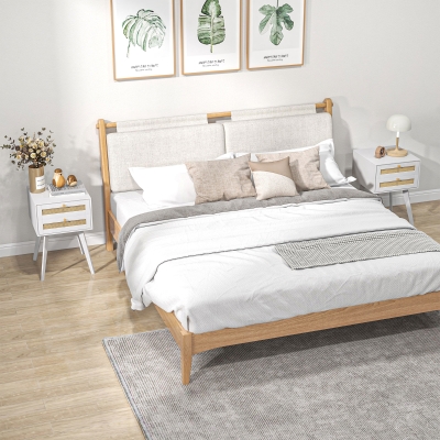 HOMCOM Boho Night Stands Set of 2, Bedside Tables with 2 Rattan Drawers, Square End Tables for Bedroom, Living Room