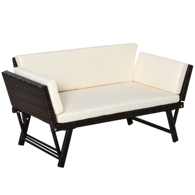 Outsunny Convertible Rattan Sofa Bed Chaise Lounge Wicker Loveseat Armchair Double Seat with Cushion All Weather Patio Furniture Brown