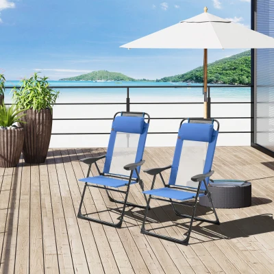 Outsunny Folding Patio Chairs Set of 2, Adjustable Sling, Blue