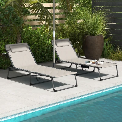 Outsunny Folding Chaise Lounge Set, Reclining, 25.6" x 74", Khaki