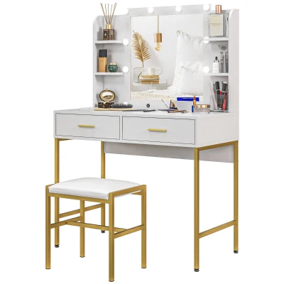 HOMCOM Makeup Vanity Desk Set with Lighted Mirror, Stool, Drawers, Shelves, 2 Lighting Modes, Dressing Table, White