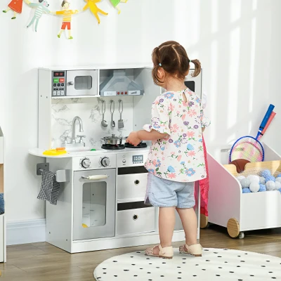 Qaba Kids Play Kitchen Set with Lights & Sounds, White