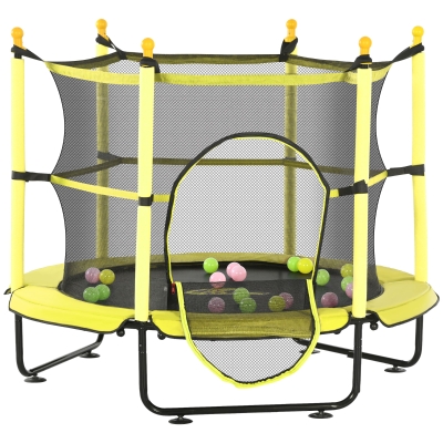 Qaba 4.6' Kids Trampoline with Safety Enclosure & Ball Pit, Yellow