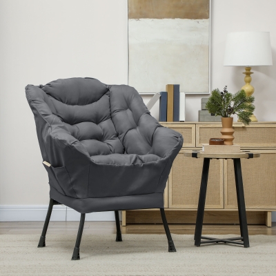 HOMCOM Modern Accent Chair, Armchair with Side Pockets and Solid Steel Legs, Comfy Reading Chair for Living Room, Bedroom, Grey