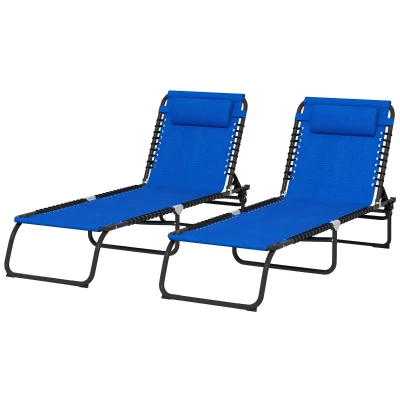 Outsunny 2 PCs Folding Lounge Chairs, Adjustable Chaise Lounge with Headrest, Reclining Lounger Cot for Camping, Hiking, Blue