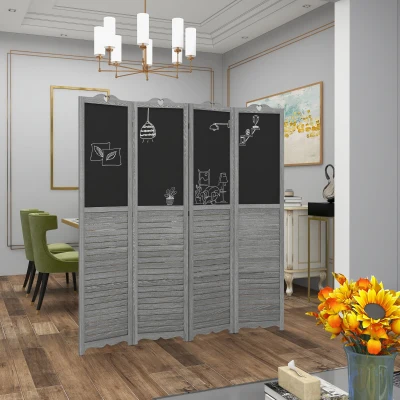 HOMCOM 4-Panel Wooden Folding Room Divider with Blackboard, Gray