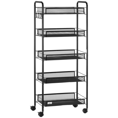 HOMCOM 5-Tier Rolling Metal Kitchen Cart with Mesh Baskets, Black