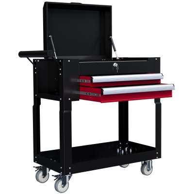 HOMCOM Tool Cart on Wheels Service Cart with 2 Drawers Tray Lockable Flip Top Storage for Garage Warehouse Workshop Black