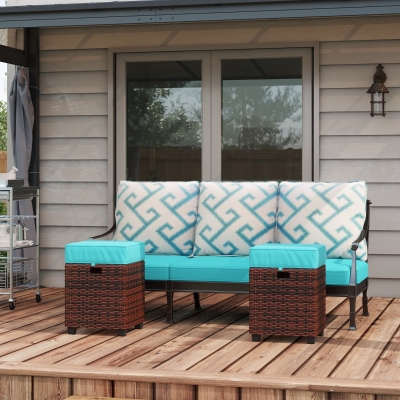 Outsunny 2 PCS Patio Wicker Ottoman Set, Square Outdoor PE Rattan Footrest with Removable Cushion for Backyard, Sky Blue