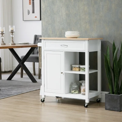 HOMCOM Rolling Kitchen Island Cart with Storage and Wood Top, White