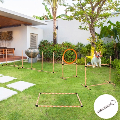 PawHut 4PC Portable Pet Agility Training Set Hurdle for Dog Obstacle Exercise with Adjustable Height Jump Ring High Jumper Weave Poles Square Pause Box Carry Bag Whistle Orange and White