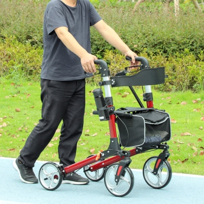 HOMCOM Lightweight Folding Rolling Walker with Large Seat, Back, Adjustable Handle, Bag, Dual Brake, Cane Holder, Red