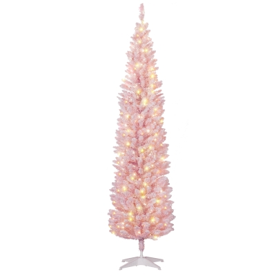 HOMCOM 7ft Slim Pink Christmas Tree with Flocked Branches & LED Lights