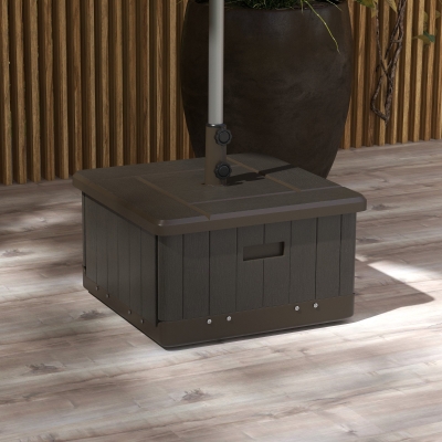 Outsunny 3-in-1 Outdoor Umbrella Base with Wheels and Handles, End Table, Flower Box Planter with Hole, 176 lbs. Capacity, Brown