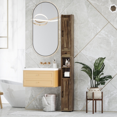 HOMCOM Narrow Bathroom Cabinet, Tall Bathroom Storage Cabinet with Barn Doors, Drawer and Adjustable Shelves, Brown Wood Grain