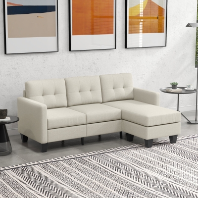 HOMCOM Small Corner Sofa, 3 Seater Sectional Couch with Ottoman, Corner Sofa with Thick Padded Cushion and Wood Legs, Beige