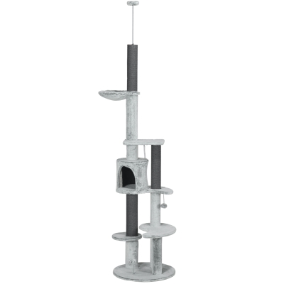 PawHut 89"-100" Floor to Ceiling Cat Tree w/ Hammock, Scratching Posts, Condo, Perches, Toy Ball, Anti-tip Kit, Grey