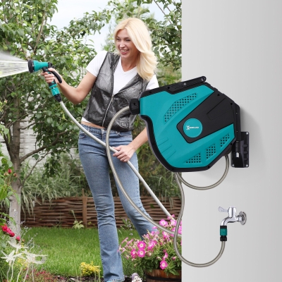 Outsunny Retractable Garden Hose Reel 1/2" x 49 ft Wall Mounted with Automatic Rewind, 180° Swivel Bracket, Any Length Lock, 7 Pattern Hose Nozzle