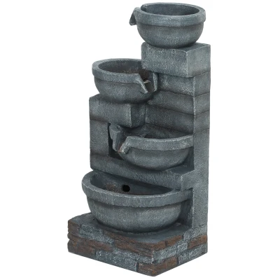 Outsunny 30" Tall Outdoor Water Fountain with LED Lights, 4-Tier Resin Cascading Bowls Garden Fountain Waterfall Fountain with Pump, Grey