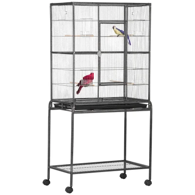 PawHut 30'' Large Rolling Metal Bird Cage Bird House with Detachable Rolling Stand, Storage Shelf, Wood Perch Food Container - Black
