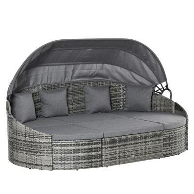 Outsunny 4 Pieces Patio PE Wicker Round Daybed, Outdoor Rattan Garden Lounge Furniture Sets, Grey