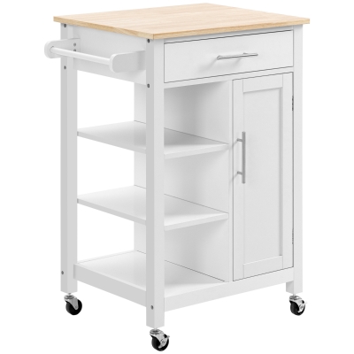 HOMCOM Rolling Kitchen Island Cart with Storage & Wood Top, White