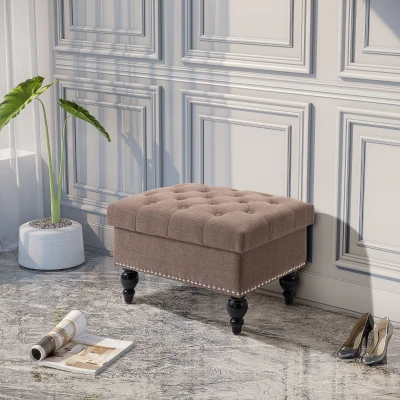 HOMCOM 25" Button-Tufted Fabric Storage Ottoman Bench, Coffee