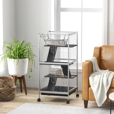 PawHut Metal 4-Tier Small Animal Cage with Hammock, White