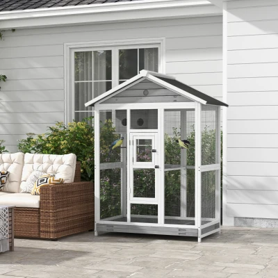 PawHut 64.5" Wooden Bird Cage Aviary, Indoor/Outdoor, Gray