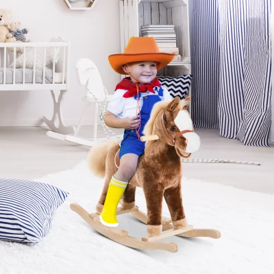 Qaba Kids Plush Rocking Horse Ride-On Toy with Wooden Base