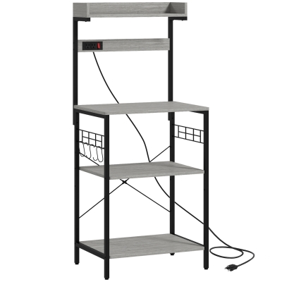 HOMCOM Kitchen Baker's Rack with Power Outlet, Coffee Bar Station with Adjustable Shelves and Hooks, Distressed Grey