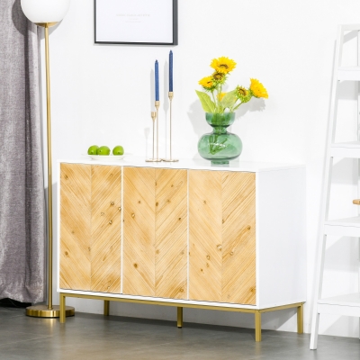 HOMCOM 3 Door Buffet Cabinet, Kitchen Coffee Bar, Natural Wood