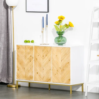 HOMCOM 3 Door Buffet Cabinet, Kitchen Coffee Bar, Natural Wood
