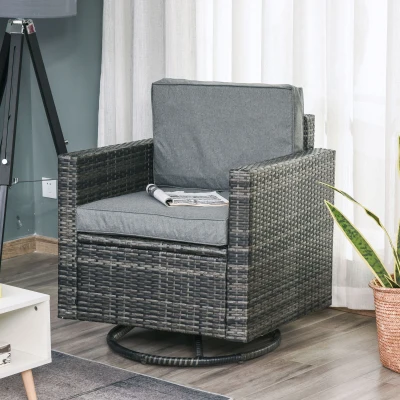 Outsunny Outdoor Swivel Rocker Chair, Gray Wicker with Cushions