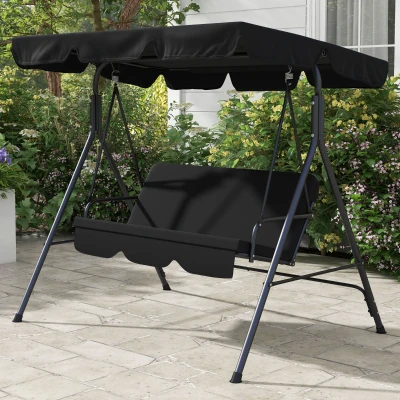 Outsunny 3-Seat Patio Swing Chair, Steel Frame, Adjustable Canopy, Black