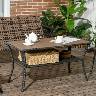 Outsunny Outdoor Rattan Coffee Table with Storage Shelf, Brown