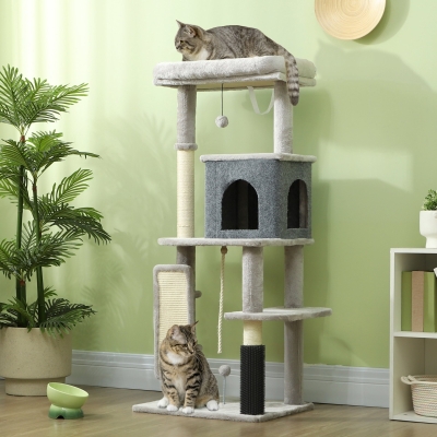 PawHut 52 Inch Cat Tree with Scratching Posts, Cat Bed, Condo, Grooming Brush, Jumping Platforms, Toy Balls, Anti-tip Kit