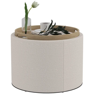 HOMCOM Round Coffee Table, End Table with Hidden Storage and Tray Top, Linen Upholstered Footrest for Living Room
