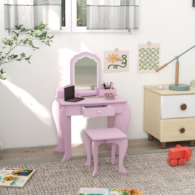 Qaba Makeup Vanity with Mirror and Stool, Cloud Design, Drawer, Storage Boxes, for 3-6 Years Old, Pink