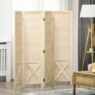 HOMCOM 4.7' Wooden 4-Panel Room Divider with Pegboard, Natural