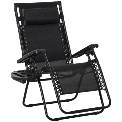 Outsunny Outdoor Zero Gravity Reclining Lounger Chair with Canopy Shade, Side Tray, Cupholder, Black