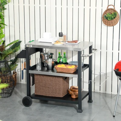 Outsunny 3-Shelf Outdoor Grill Cart, Stainless Steel, Black