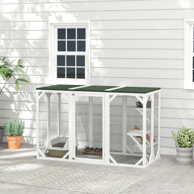 PawHut Catio Outdoor Cat Enclosure with Waterproof Roof, Multi-Level Platforms, Lock, White