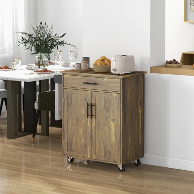 HOMCOM Rolling Kitchen Island Cart with Drawer & Storage, Brown