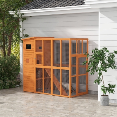 PawHut 68.75" H Cat Cage Large Wooden Outdoor Cat House with Large Run for Play, Catio for Lounging, and Condo Area for Sleeping, Natural