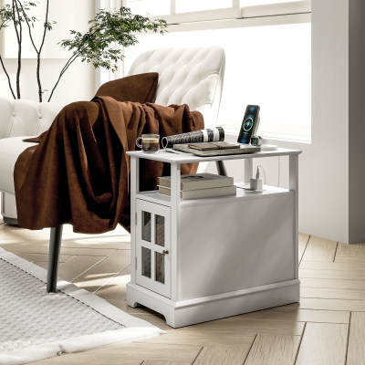 HOMCOM Narrow Side Table with Charging Station & Storage, White