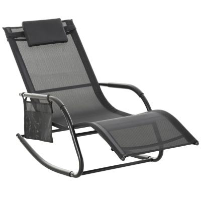 Outsunny Outdoor Rocking Chair, Black Chaise Lounge with Pocket