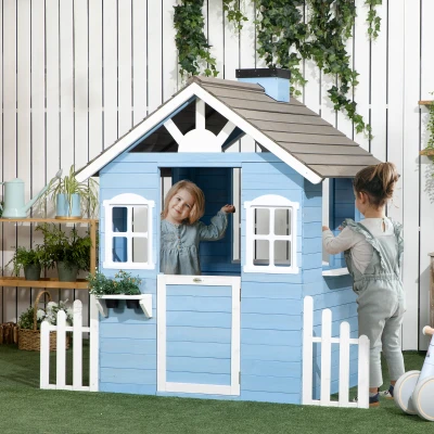 Outsunny Wooden Kids Playhouse, Blue with Flower Pot Holders
