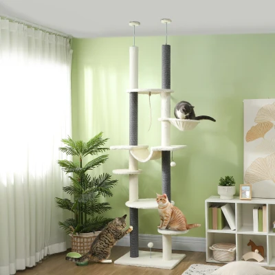 PawHut 89"-100" Cat Tree with Scratching Posts & Hammock, White